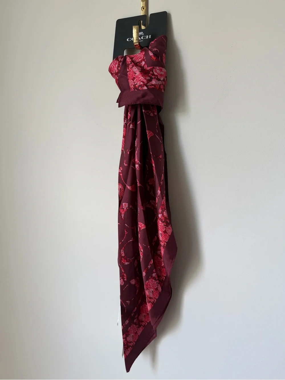 Coach Burgundy and Pink Floral Silk Scarf